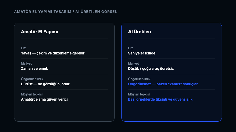 Amatör el yapımı tasarım ile AI üretilen görseli hız, maliyet, öngörülebilirlik ve müşteri tepkisi açısından karşılaştıran tablo