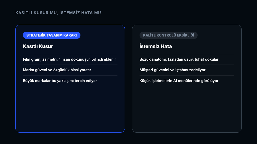 Stratejik tasarım kararı olan kasıtlı kusur ile kalite kontrolü eksikliğinden doğan istemsiz hatayı karşılaştıran şema