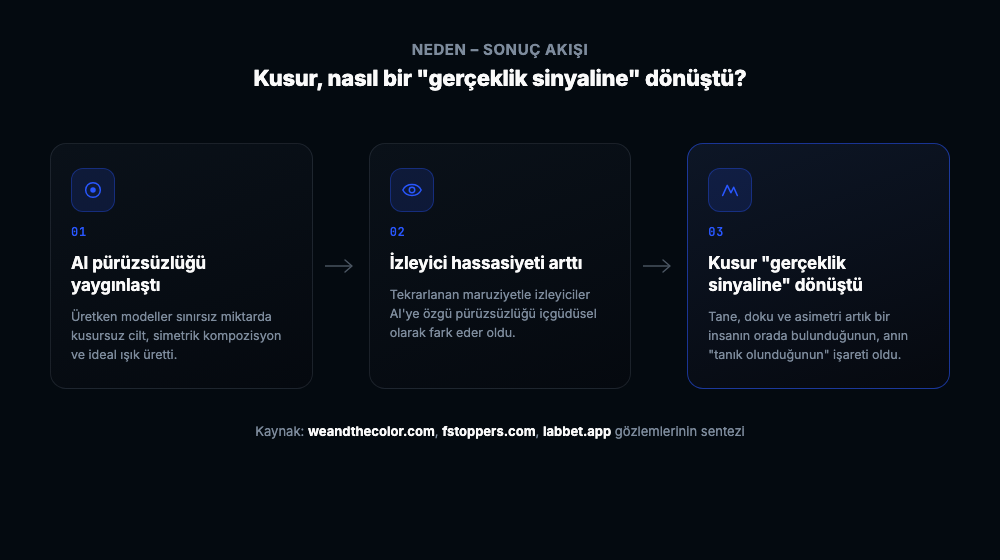 AI pürüzsüzlüğünün yaygınlaşması, izleyici hassasiyetinin artması ve kusurun gerçeklik sinyaline dönüşmesini gösteren üç adımlı akış diyagramı