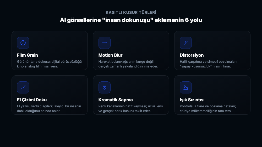 Film grain, motion blur, distorsiyon, el çizimi doku, kromatik sapma ve ışık sızıntısı ikonlarından oluşan altılı grid