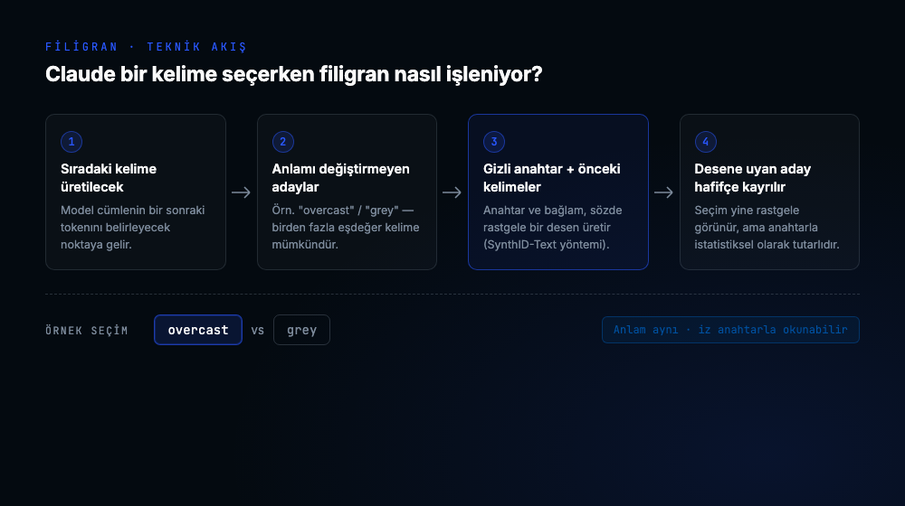 Claude bir kelime seçerken filigranın gizli anahtarla nasıl işlendiğini gösteren dört adımlı akış diyagramı
