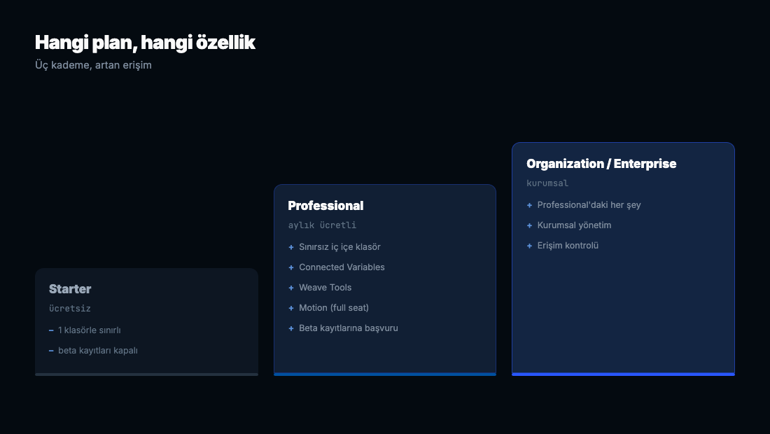 Starter, Professional, Organization/Enterprise planlarını artan yükseklikte gösteren üç sütun, her birinde açılan özellik listesi