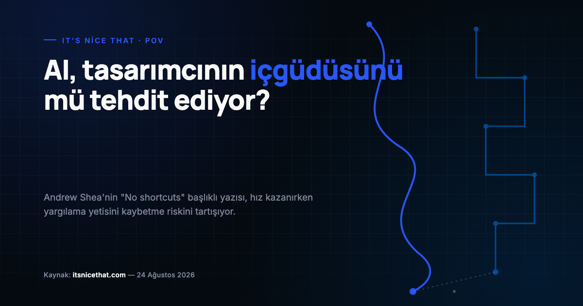 Algoritmik karar yolu ile sezgisel karar yolunun kesiştiği soyut kompozisyon, AI ve tasarımcı içgüdüsü metaforu