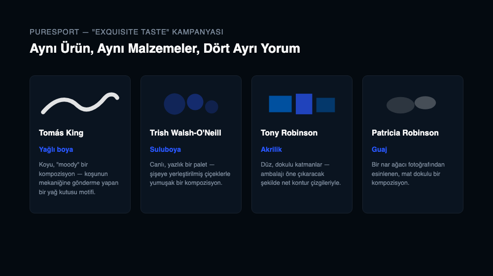 Tomás King, Trish Walsh-O'Neill, Tony Robinson ve Patricia Robinson isimleriyle dört kart: yağlı boya, suluboya, akrilik ve guaj teknikleri