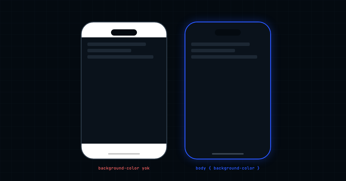 iOS Safari uzerinde body arka plan rengi tanimlanmamis ve tanimlanmis iki telefon ekraninin karsilastirmasi
