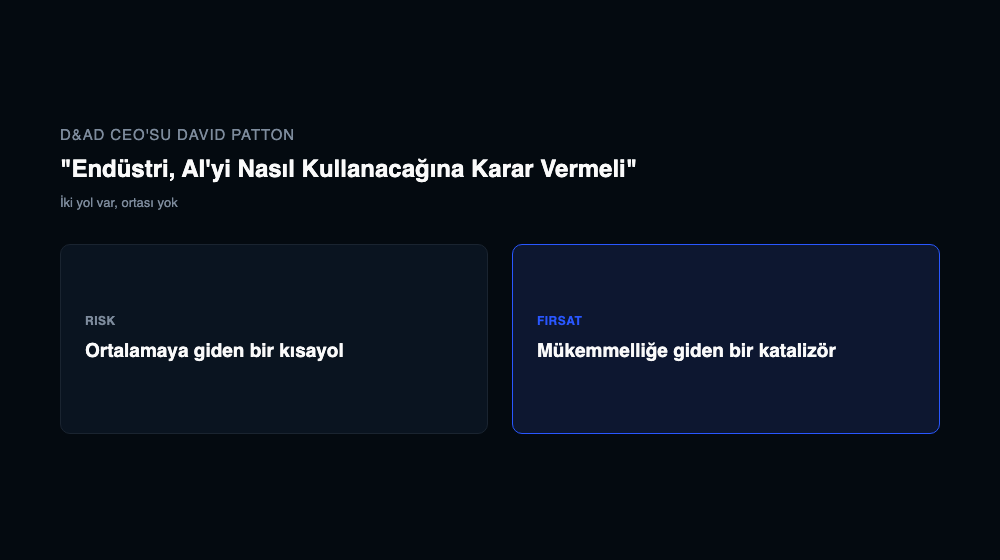 D&AD CEOsu David Pattonun AInin ortalamaya giden kısayol mu yoksa mükemmelliğe giden katalizör mü olduğu ikilemini gösteren iki kutulu karşılaştırma