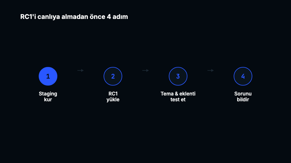 Staging kur, RC1 yükle, tema ve eklenti test et, sorunu bildir şeklinde 4 adımlı test akış şeması