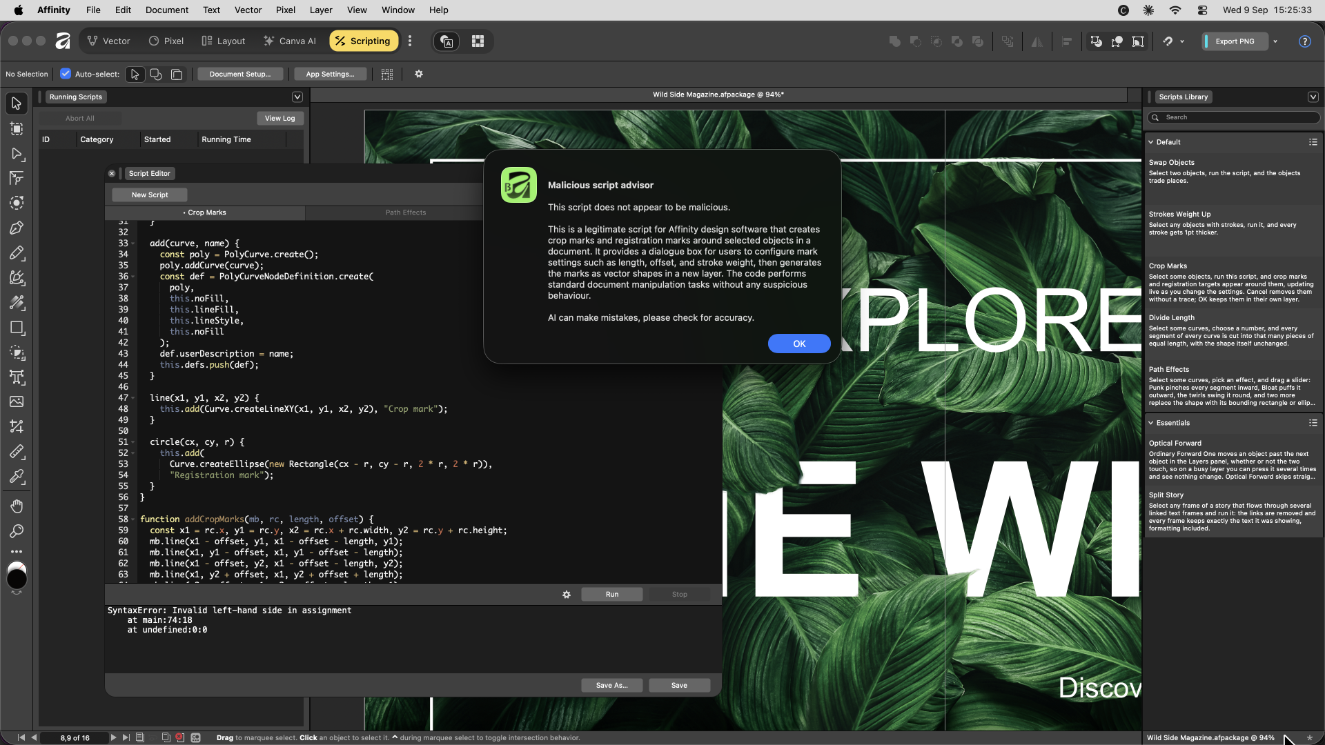 Affinity 3.3 Scripting Studio ekranı: solda kırpma işaretleri scripti düzenlenirken, ortada yerleşik zararlı script kontrolü penceresi