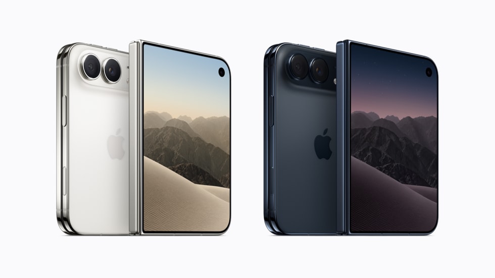 Star White ve Night Sky renklerindeki iPhone Duo, katlanmış halde önden ve arkadan
