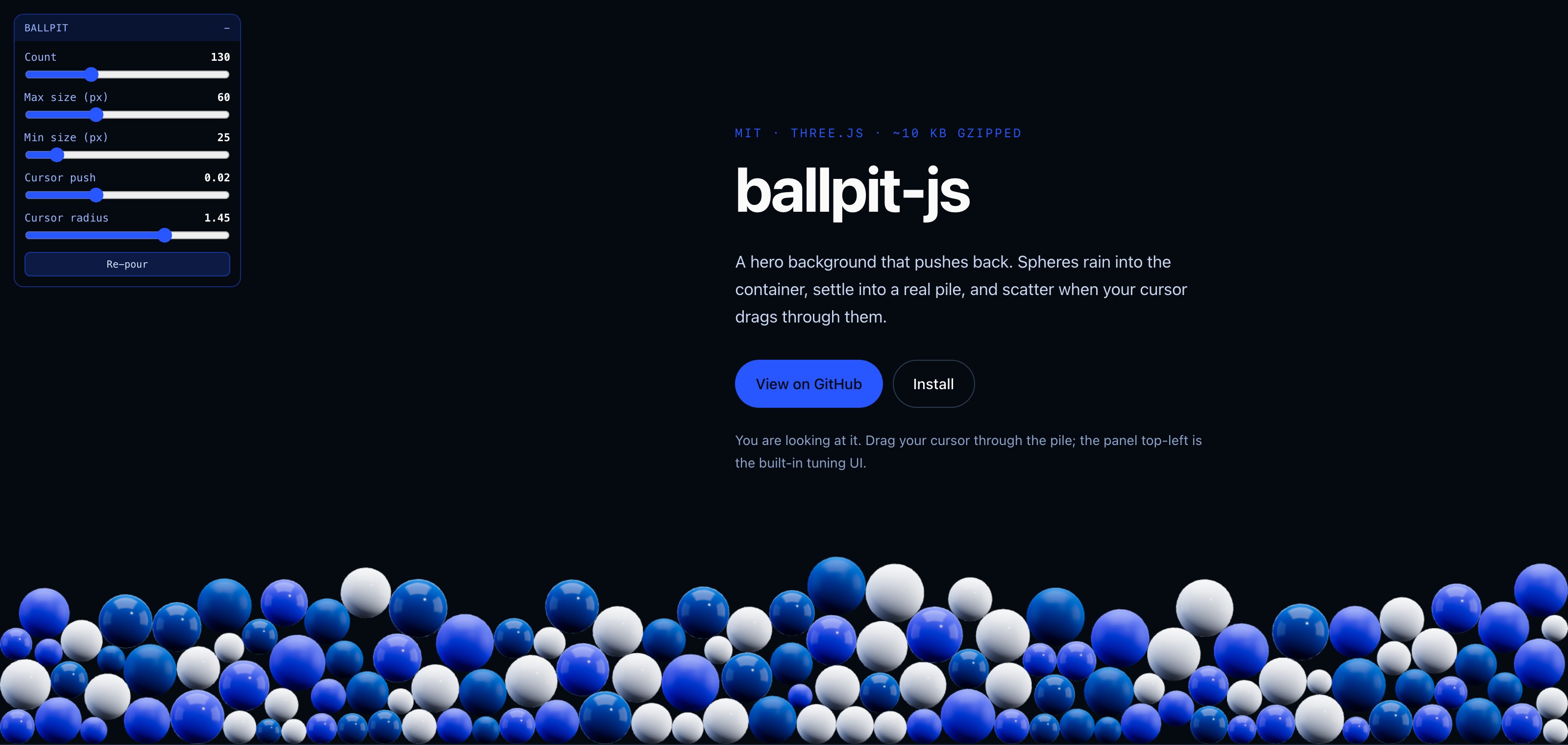 ballpit-js projesinin GitHub Pages üzerindeki tanıtım sayfası