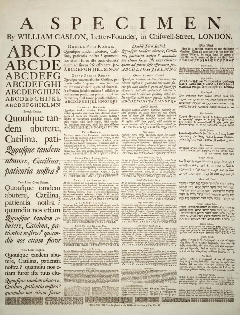 William Caslon’ın 1734 tarihli specimen sayfası: üstte A SPECIMEN başlığı, altında farklı boyutlarda Latin, Gotik, Yunan, Arap ve diğer alfabelerde dizilmiş metin örnekleri