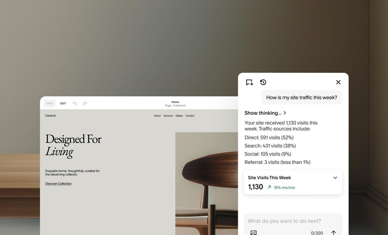 Squarespace AI asistanı paneli: “How is my site traffic this week?” sorusuna ziyaretçi sayıları ve trafik kaynaklarıyla verilen cevap