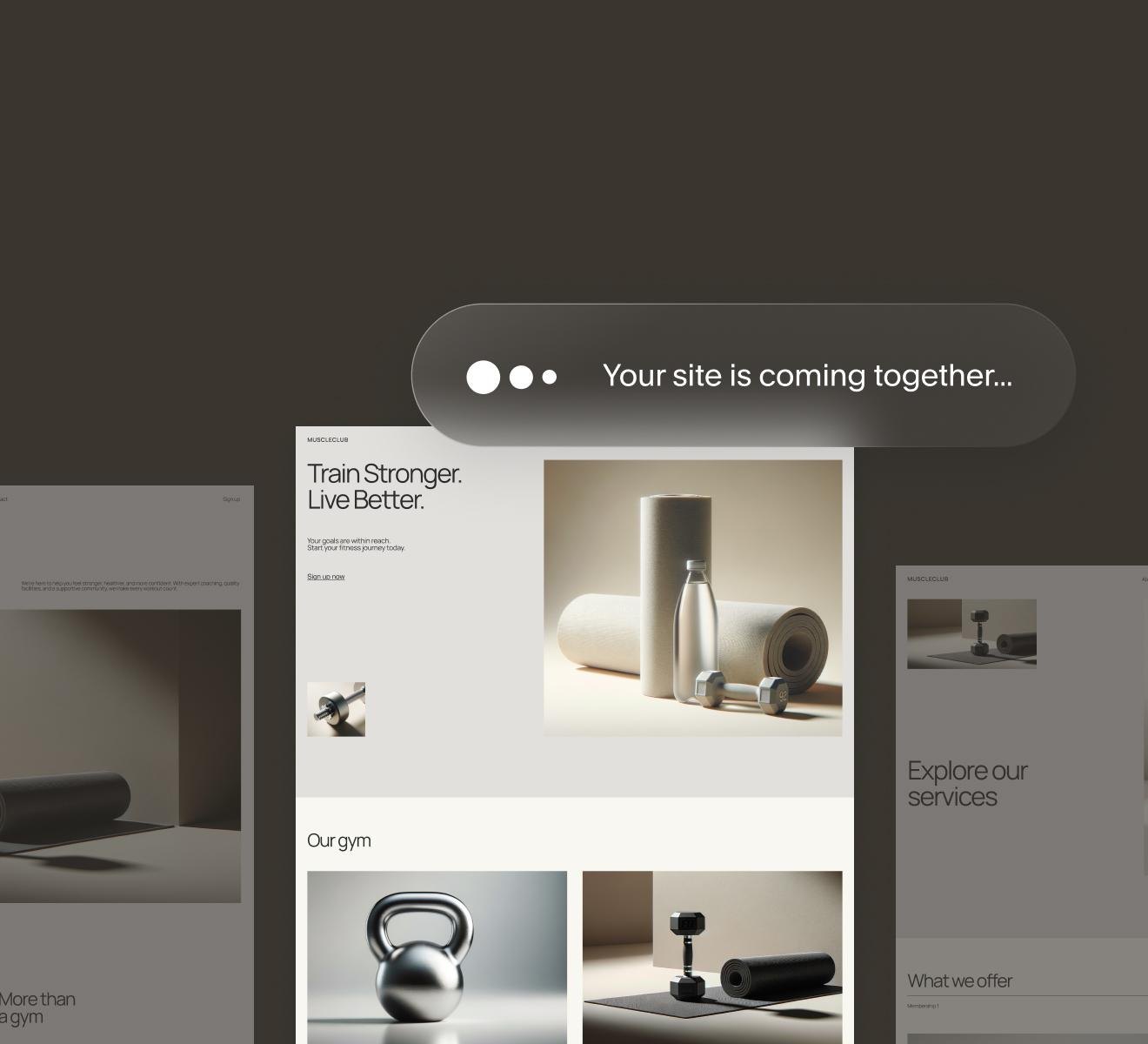 Squarespace tanıtım görseli: “Train Stronger. Live Better.” başlıklı bir spor sitesinin sayfaları oluşturulurken üstte “Your site is coming together…” yazısı