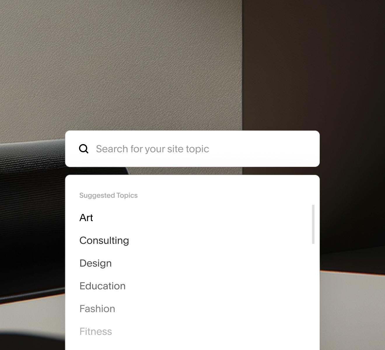Blueprint AI ekranı: “Search for your site topic” arama kutusu ve altında Art, Consulting, Design, Education, Fashion gibi önerilen konular