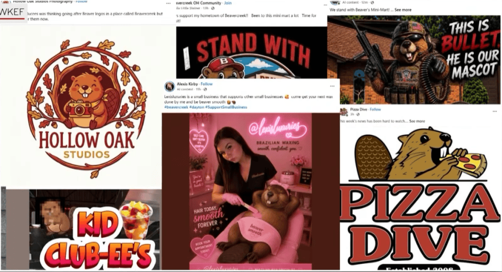 Beavercreek’teki yerel işletmelerin sosyal medyada paylaştığı kunduzlu geçici logolar: Hollow Oak Studios, Pizza Dive, Kid Club-ee’s