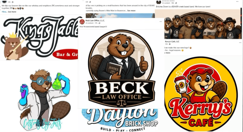 Beavercreek’teki işletmelerin kunduzlu dayanışma logoları: Beck Law Office, Kerry’s Cafe, Dayton Brick Shop ve King’s Table