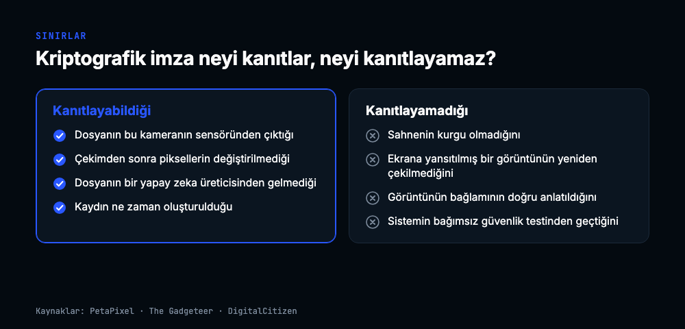 İki sütunlu şema: imzanın kanıtlayabildikleri (dosyanın bu kameranın sensöründen çıktığı, sonradan değiştirilmediği, yapay zeka üreticisinden gelmediği, kaydın zamanı) ve kanıtlayamadıkları (sahnenin kurgu olmadığı, ekrandan yeniden çekilmediği, bağlamın doğru anlatıldığı, sistemin bağımsız testten geçtiği)