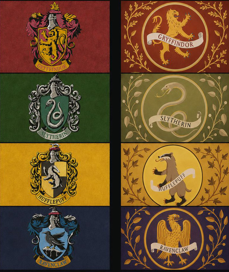 Solda filmlerdeki detaylı heraldik Hogwarts ev arması, sağda HBO'nun yeni dizisi için tasarlanan sadeleştirilmiş amblem
