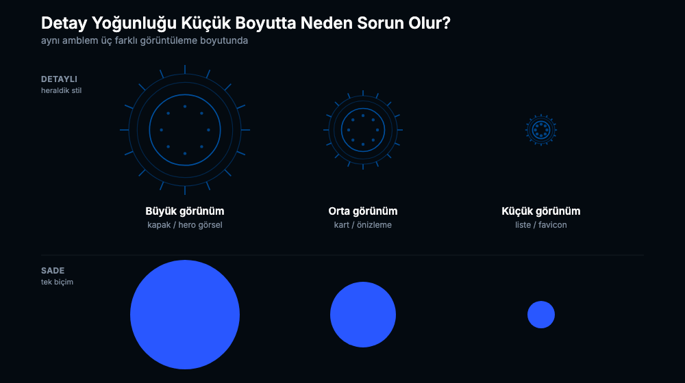Aynı amblemin büyük, orta ve küçük boyutlarda karşılaştırması; detaylı heraldik tasarım küçüldükçe karmaşıklaşırken sade tasarım her boyutta net kalıyor
