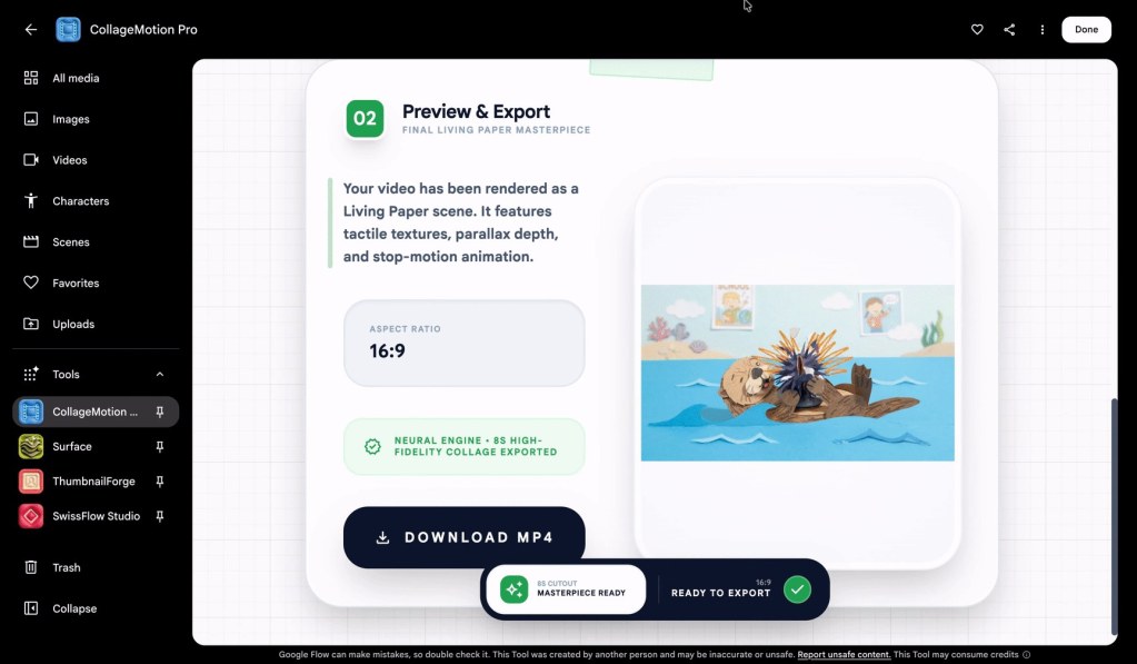 Google Flow içinde CollageMotion Pro aracının önizleme ve dışa aktarma adımı