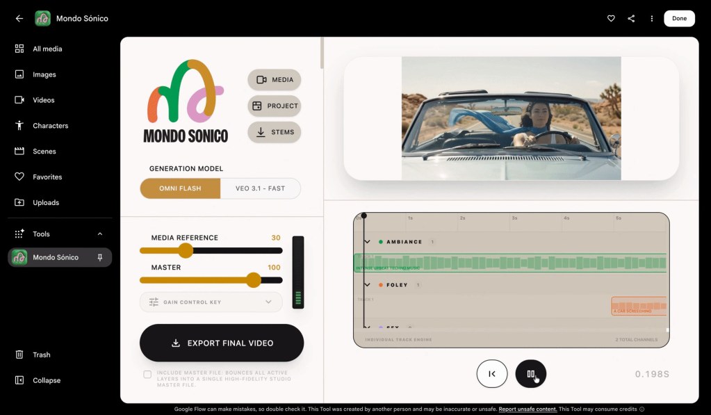 Google Flow içinde Mondo Sónico aracının arayüzü: ses ayarları, video önizlemesi ve ayrı ses izleri