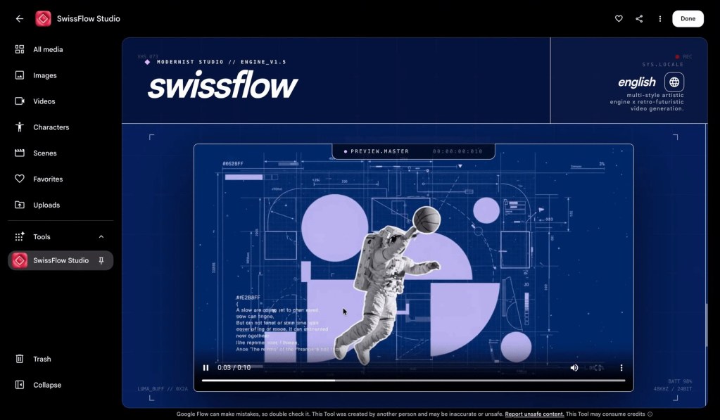 Google Flow içinde SwissFlow Studio aracı: basketbol oynayan astronot ve geometrik şekillerden oluşan hareketli grafik karesi