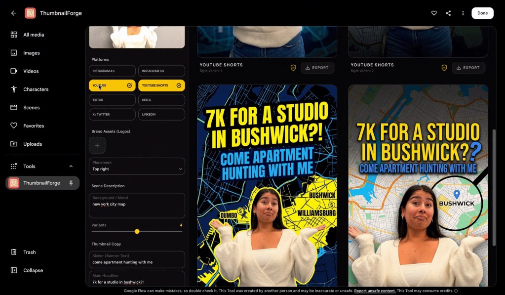 Google Flow içinde ThumbnailForge aracının ürettiği iki sosyal medya küçük resmi varyasyonu