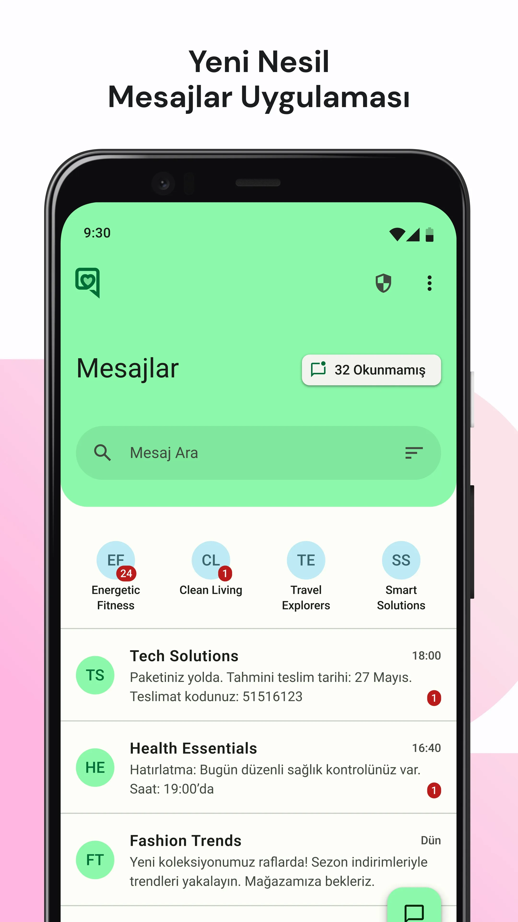 Mesajlar uygulaması gelen kutusu ekranı — Material Design 3 arayüzü