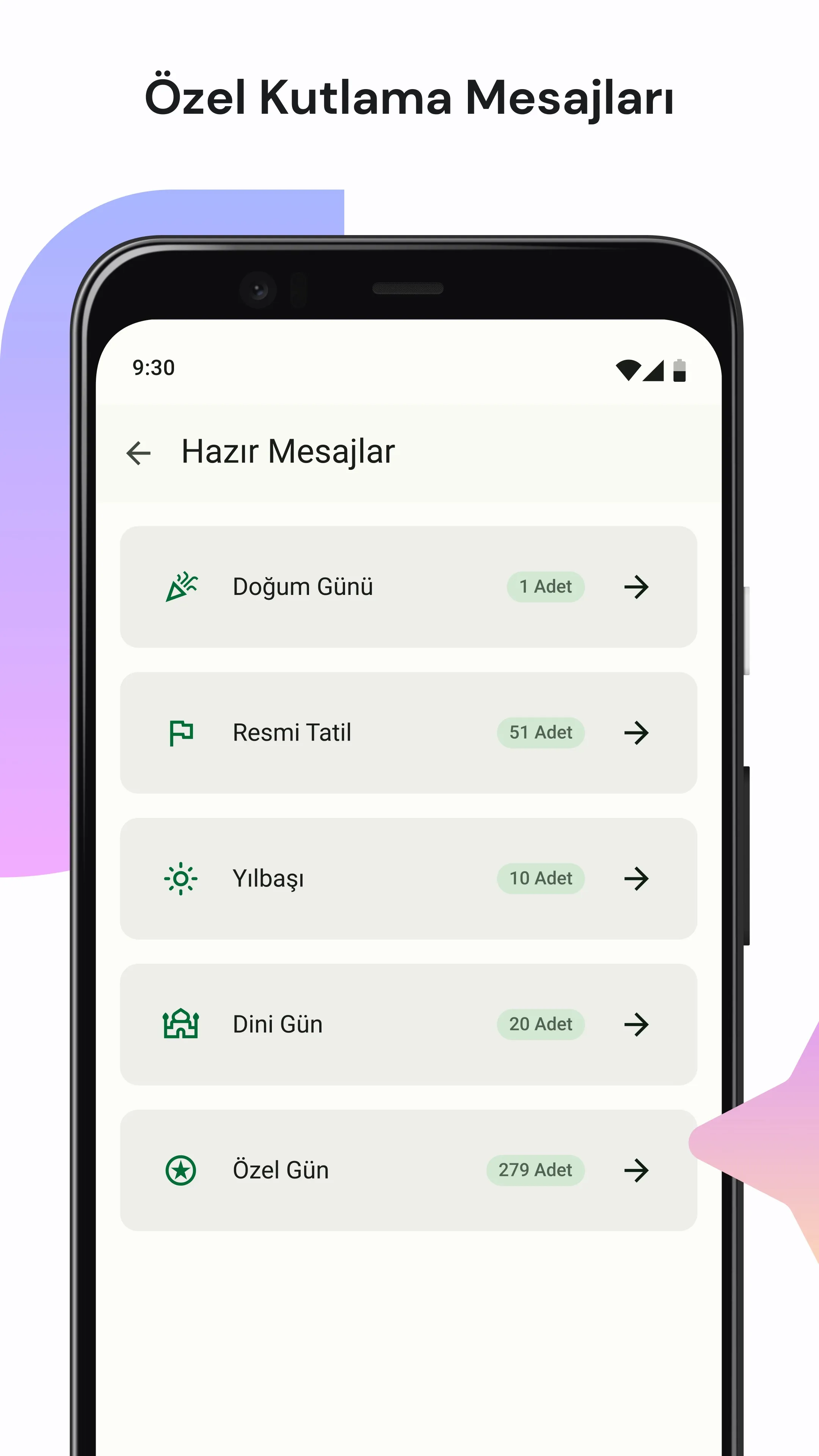 Mesajlar uygulamasında hazır kutlama mesajları listesi