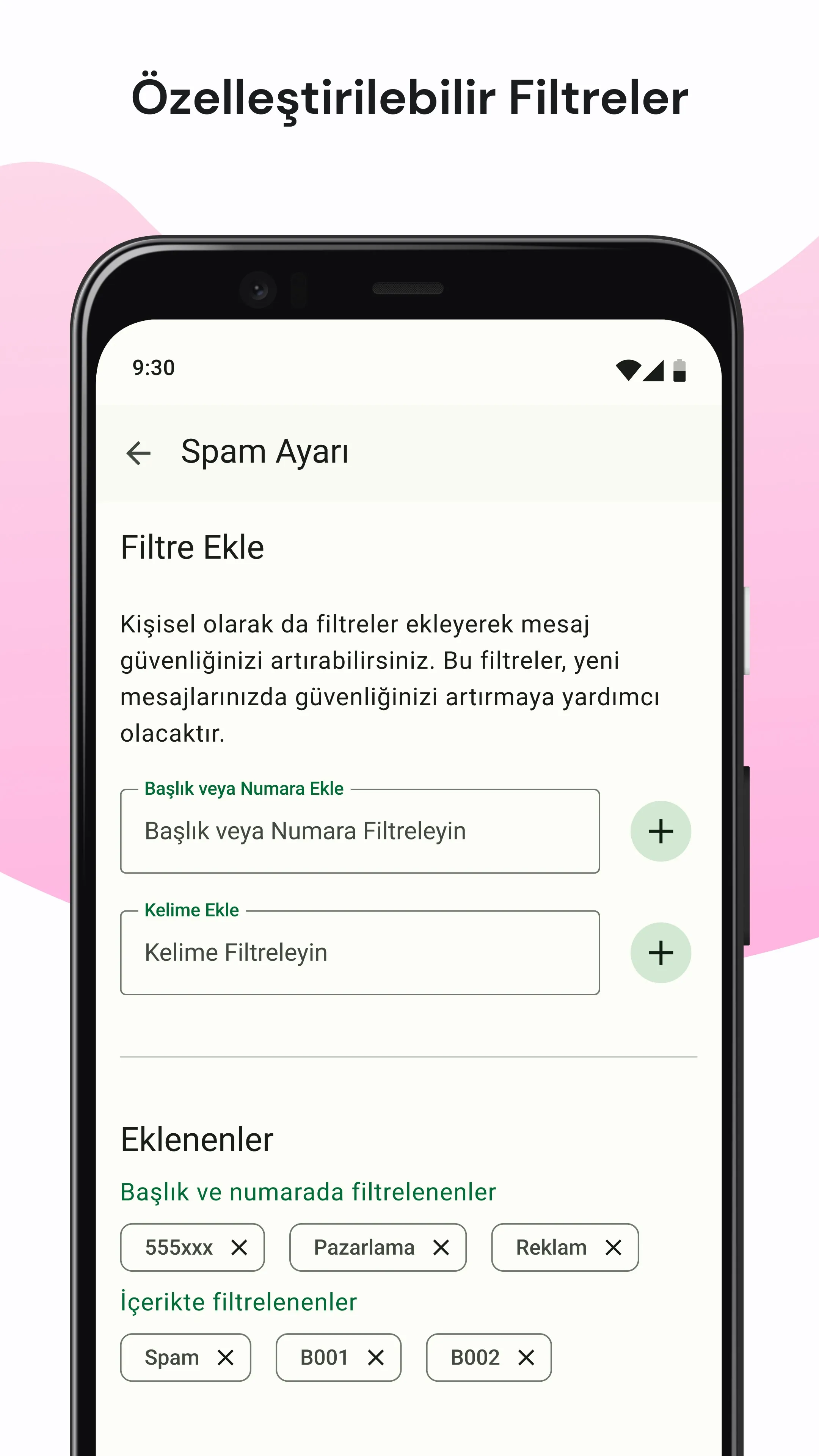 Mesajlar uygulamasında özelleştirilebilir spam filtresi ekranı