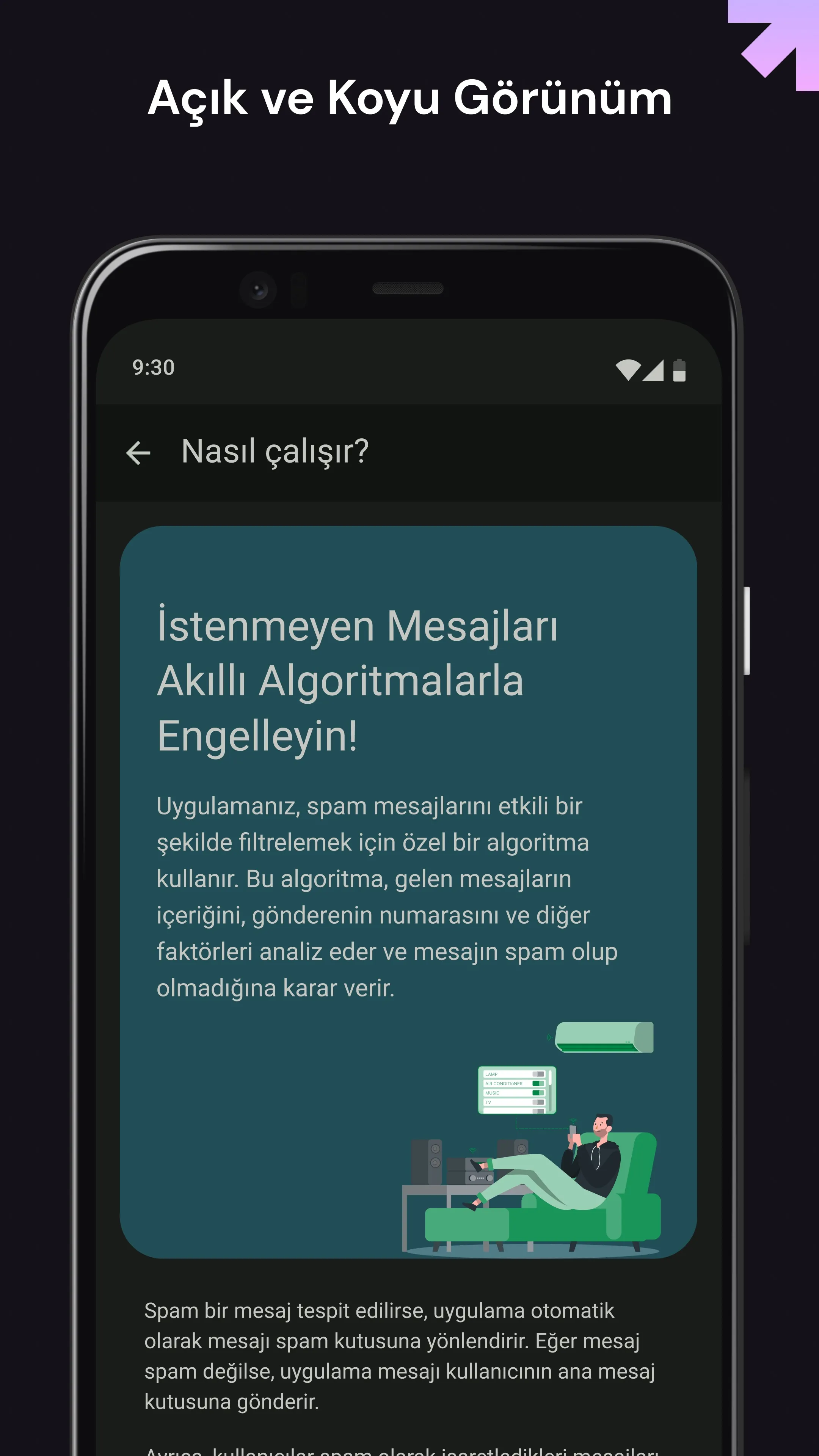 Mesajlar uygulamasında açık ve koyu tema seçenekleri