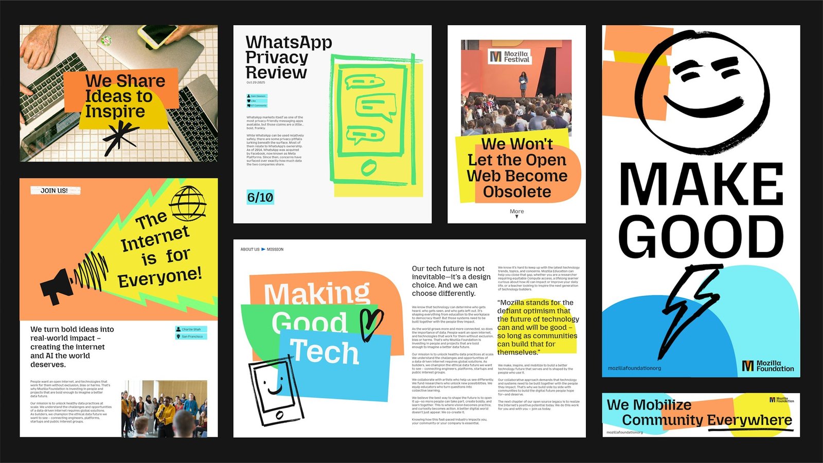 Mozilla Foundation sayfa düzenleri: turuncu, sarı ve mavi kutular içinde başlıklar, “Make Good” afişi ve fotoğraflı içerikler
