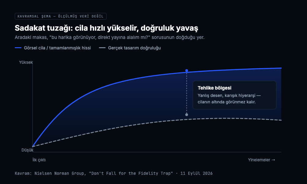 Sadakat tuzağının kavramsal şeması: görsel cila eğrisi hızla yükselirken gerçek tasarım doğruluğu eğrisi yavaş kalıyor, aradaki makas tehlike bölgesi olarak işaretli