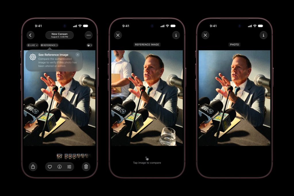Apple'ın tanıtım görseli: üç iPhone ekranında Fotoğraflar uygulaması; soldan sağa üzerinde Reference rozeti olan düzenlenmiş fotoğraf, kırpılmamış referans görüntü ve karşılaştırılan fotoğraf
