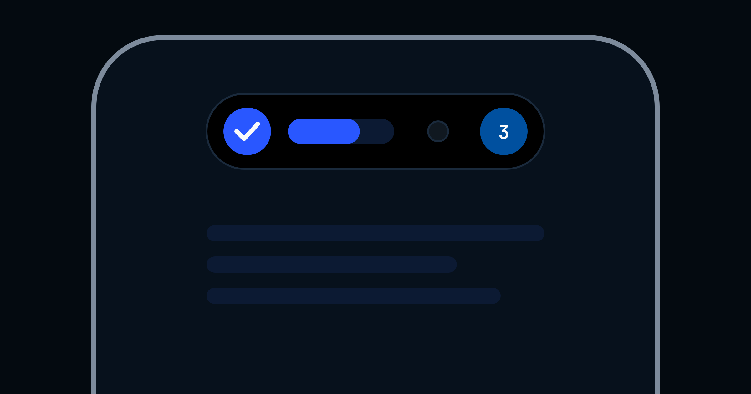 Koyu zeminde bir telefonun üst kısmı; siyah hap biçimli adanın içinde onay işareti, ilerleme çubuğu ve 3 rakamı olmak üzere aynı anda üç canlı etkinlik