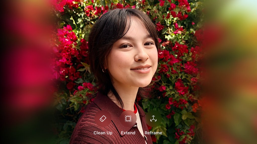 iOS 27 Fotoğraflar uygulamasında Clean Up, Extend ve Reframe düğmeleriyle bir portre