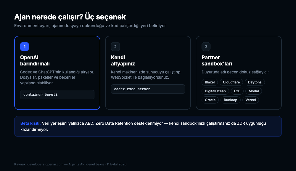 Ajanın çalışabileceği üç ortamı — OpenAI barındırmalı, kendi altyapınız ve dokuz partner sandbox'ı — gösteren üç sütunlu şema