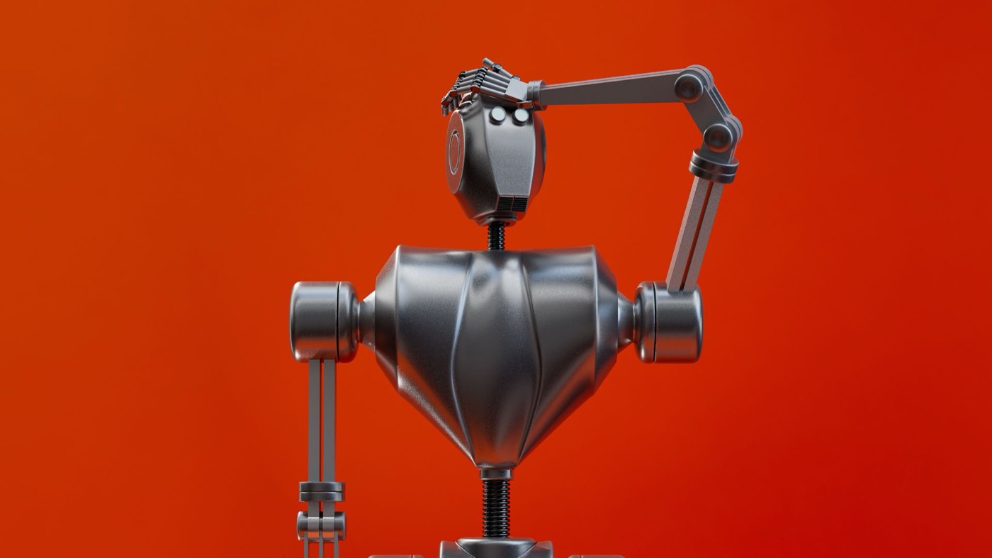 Turuncu zemin önünde başını tutan metalik robot figürü