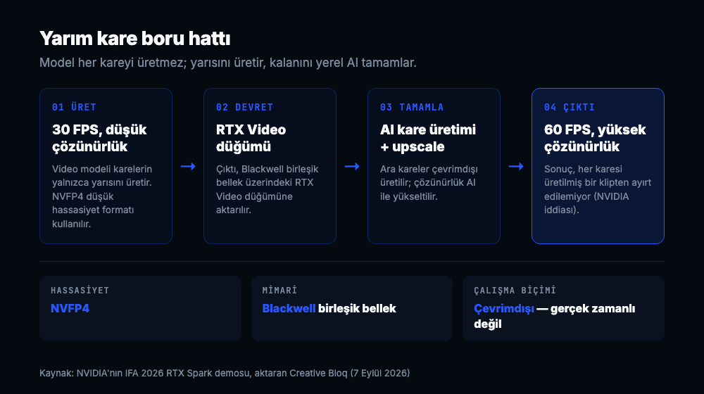 Dört adımlı akış diyagramı: 30 FPS düşük çözünürlük üretimi, RTX Video düğümüne devir, AI kare üretimi ve upscale, 60 FPS çıktı