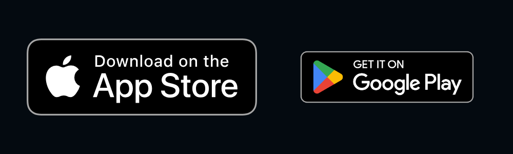 Siyah zeminli “Download on the App Store” ve “Get it on Google Play” resmî rozetleri yan yana