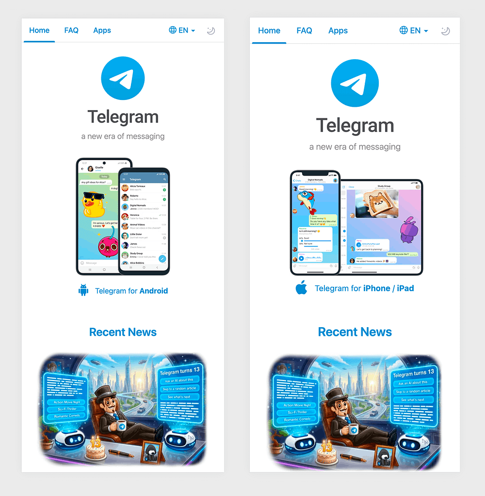Telegram sitesinde Android ve iOS cihaz görselleri ile uygulama tanıtımı