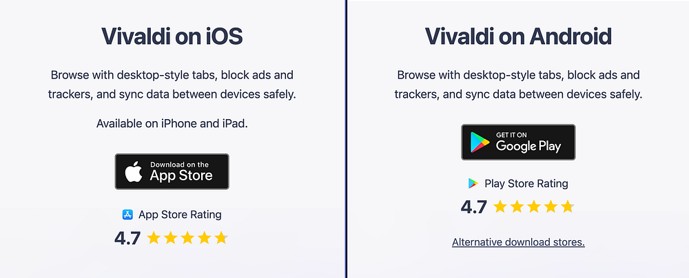 Vivaldi sitesinde iOS için Download on the App Store ve Android için Google Play rozetleri