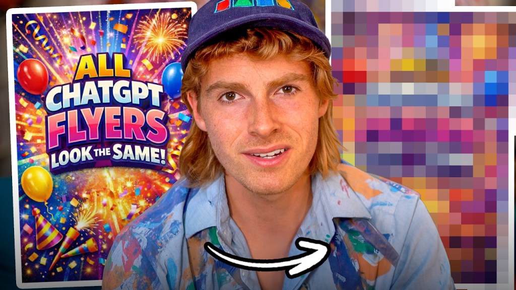 Grayson's Graphics'in YouTube videosunun kapak karesi: solda 'All ChatGPT flyers look the same' yazılı kalabalık bir AI afişi, ortada tasarımcı, sağda bulanıklaştırılmış yeniden tasarım