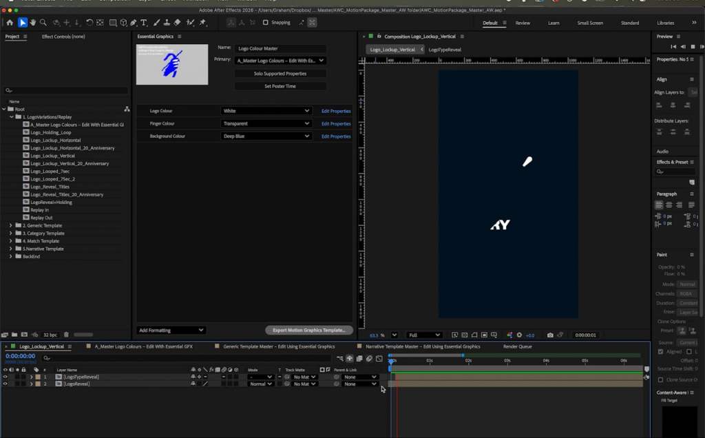 After Effects arayüzünde Archery World Cup yayın şablonu ve Essential Graphics panelinde logo ve arka plan rengi seçenekleri