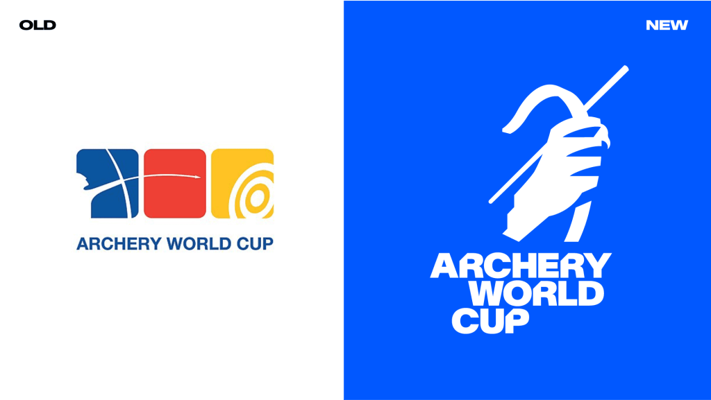 Solda eski Archery World Cup logosu, sağda mavi zeminde kupayı tutan stilize el ikonu ve kalın ARCHERY WORLD CUP yazısı