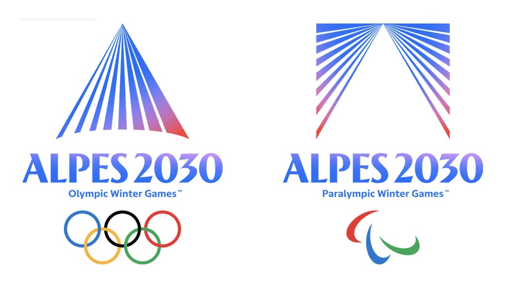 Alpes 2030 amblemleri: solda zirvede birleşen mavi-pembe ışık çizgilerinden dağ (Olimpik), sağda aynı biçimin ters çevrilmiş hali (Paralimpik)