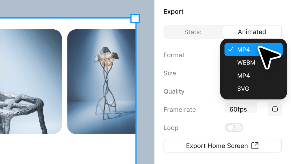 Figma Motion dışa aktarma panelinde Animated sekmesi; format menüsünde MP4, WEBM ve SVG seçenekleri, kare hızı 60 fps
