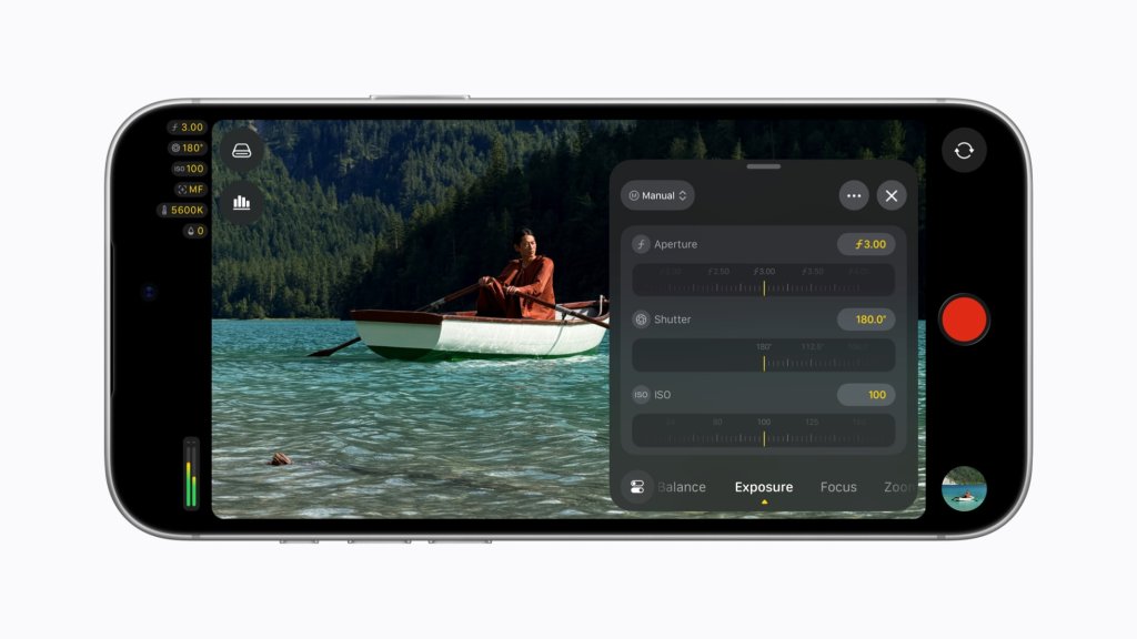 iPhone 18 Pro ekranında Final Cut Camera; göl üzerinde kayık çeken kişi ve sağda diyafram, enstantane ve ISO kadranları