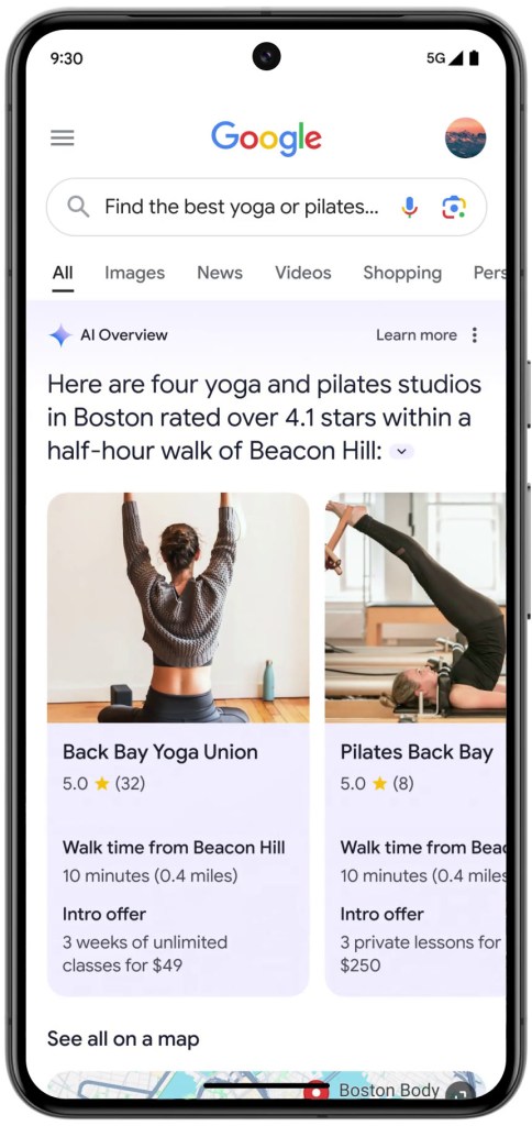 Telefonda Google araması: AI Overview kutusu Boston'da puanı 4,1 üzeri dört yoga ve pilates stüdyosunu kartlar halinde listeliyor