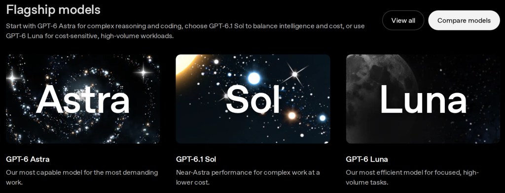 OpenAI Developers model kataloğunda yan yana GPT-6 Astra, GPT-6.1 Sol ve GPT-6 Luna kartları